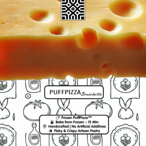 PuffPizza Bruschetta – frozen Italian puff pastry snack with tomatoes, cheese, and oregano.