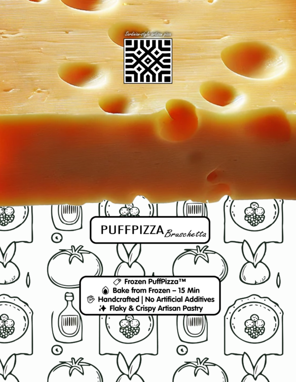 PuffPizza Bruschetta – frozen Italian puff pastry snack with tomatoes, cheese, and oregano.