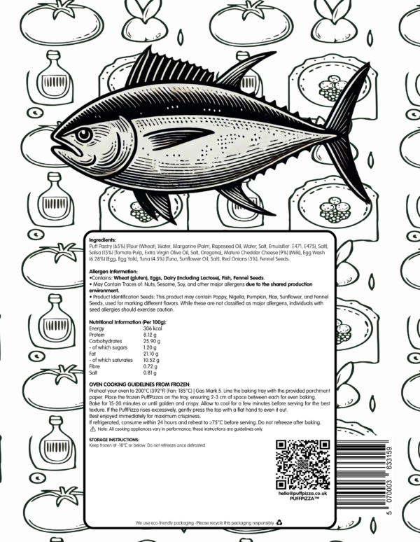 Back view of PuffPizza Carloforte packaging, featuring an image of the puff pastry pizza with tuna and red onions, branding, and product details. The packaging highlights its frozen nature and authentic Italian inspiration.