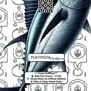 Front view of PuffPizza Carloforte packaging, featuring an image of the puff pastry pizza with tuna and red onions, branding, and product details. The packaging highlights its frozen nature and authentic Italian inspiration.