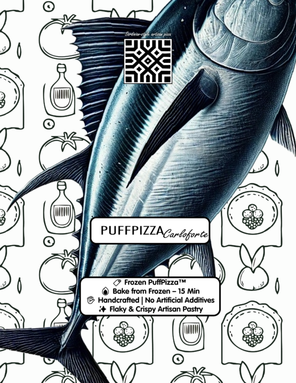 Front view of PuffPizza Carloforte packaging, featuring an image of the puff pastry pizza with tuna and red onions, branding, and product details. The packaging highlights its frozen nature and authentic Italian inspiration.