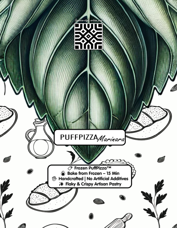 PuffPizza Marinara – frozen Italian puff pastry snack with tomato, basil, and pumpkin seeds